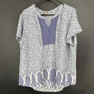 Como Vintage Blue & White Short Sleeve Boho Top XL